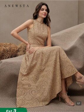 ANEWSTA Beige Eyelet Maxi Dress